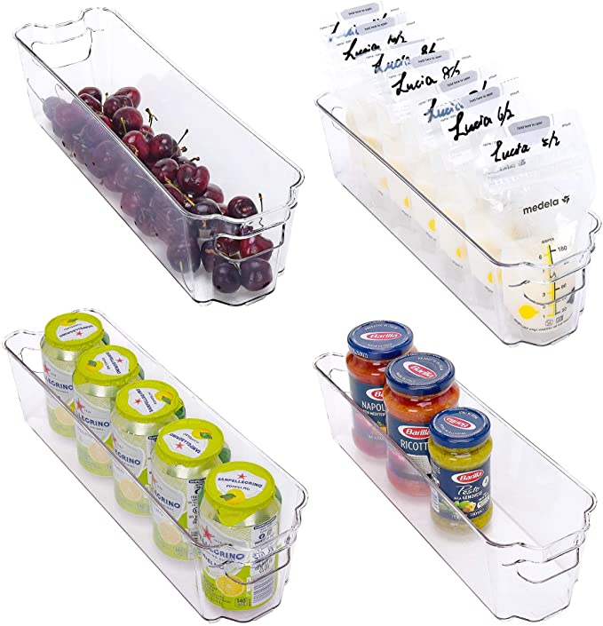 StorageWorks Narrow Stackable Refrigerator Storage Bins, Small Plastic Storage Bins for Freezer and Pantry, Fridge Door Organizer Bins with Handles, BPA-Free, 14.7" L X 4.5" W X 4" H, 4-Pack