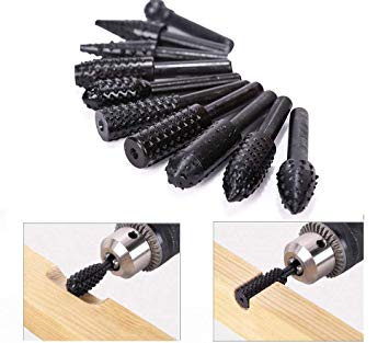 10PCS Woodworking Twist Drill Bits, Wood Carving File Rasp Drill Bits 6.3mm(1/4") Shank Electrical Tools Woodworking Rasp Rotating Embossed Grinding Head with Storage Bag
