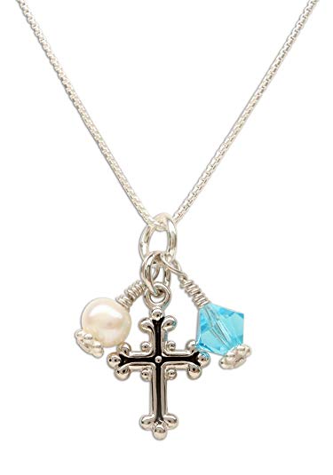 Girl's Sterling Silver First Communion Swarovski-Created Birthstone Cross Necklace with Cultured Pearl