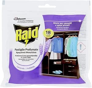 Raid Clothes Anti Moth Levander perfume Repellent Non-Toxic - 1 Pack of 18 Paper/Sachets 1.5g each