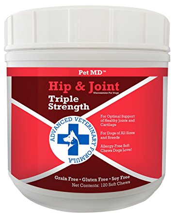 Pet MD Hip and Joint Supplement for Dogs Triple Strength Glucosamine, Chondroitin, MSM - Hypoallergenic and Grain Free Soft Chews
