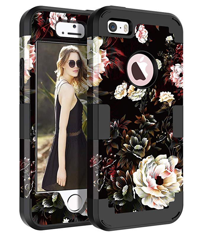 Pandawell Compatible iPhone SE Case iPhone 5/5s Case Floral 3 in 1 Heavy Duty Hybrid Sturdy Armor High Impact Shockproof Protective Cover Case for Apple iPhone SE/5s/5, Black/White Flower
