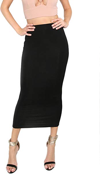 MAKEMECHIC Women's Solid Basic Below Knee Stretchy Pencil Skirt
