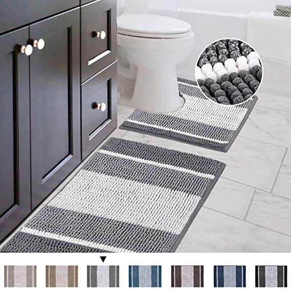 Bathroom Rugs Luxury Chenille 2-Piece Bath Mat Set, Soft Plush Anti-Slip Shower Rug   Toilet Mat Microfiber Shaggy Carpet, Super Absorbent Machine Washable(Curved Set, Gradient Gray)