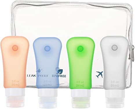 MoKo Flacons de Voyage, Lot de 4 Flacons Toilette Approuvée par FDA sans BPA, Accessoires de Voyage Aéroport Aérien, 89ml pour Huile Solaire, Shampooing, Lotion, Gel Douche, etc.