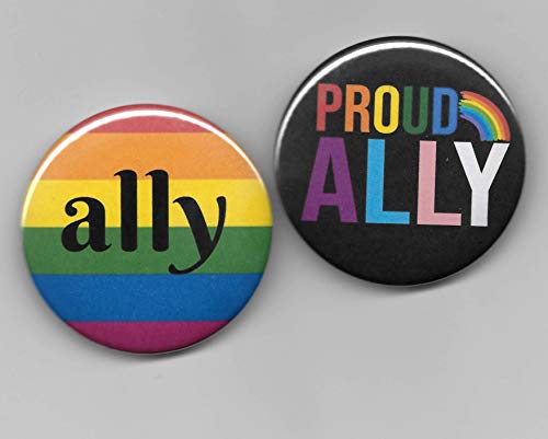 Gay Pride Ally Pin Back Buttons Set of 2, 2-1/4" Rainbow Lesbian LGBT