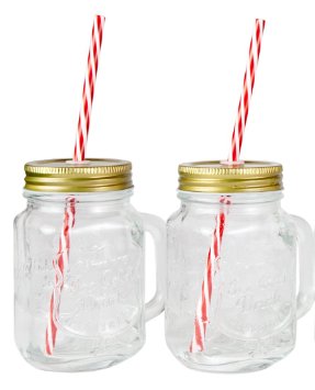 Mason Jar Mugs with Handle, Tin Lid and Plastic Straws. 16 Oz. Each. Old Fashion Drinking Glasses (2). By Lily's Home®
