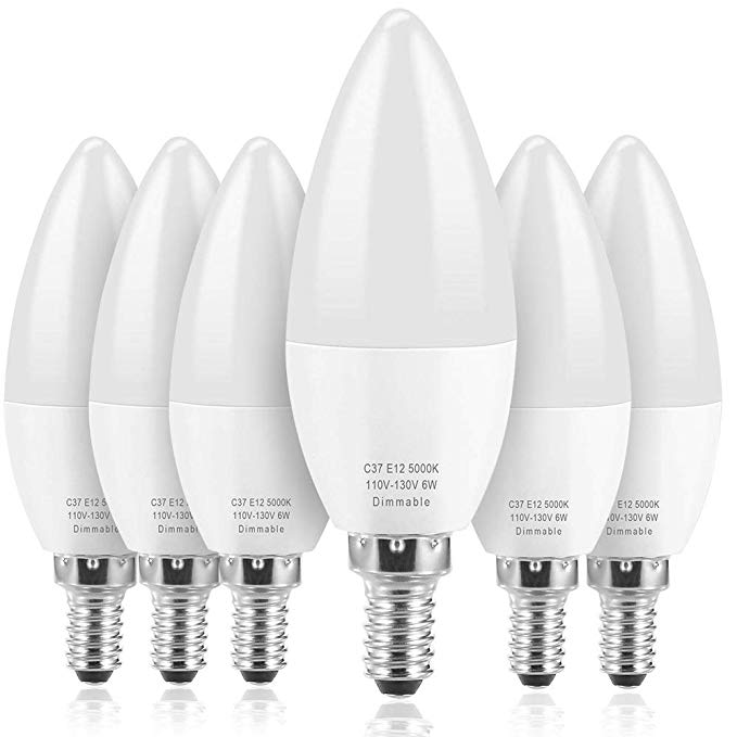 E12 LED Bulb Candelabra LED Bulbs Daylight White 5000K Ceiling Fan Light Chandelier Base Non Dimmable Equivalent 60Watt Candelabras 6W 550Lumens (12-Pack) (Daylight-Dimmable-6 Pack)