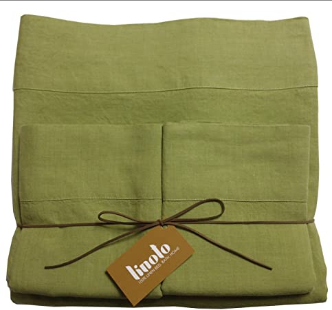 Linoto Luxurious 100% Pure Linen Bed Sheet Set Natural 4 Piece, Full, Golden Green