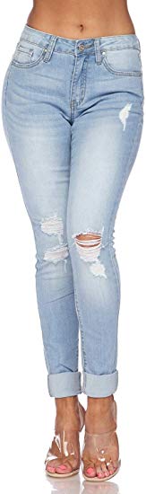 Women's Ripped Distressed High Rise Butt Lift Skinny Jeans - Cuffed Bottom Hem Skinny Jeggings for Women