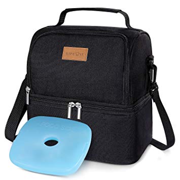 Lifewit Insulated Lunch Box Lunch Bag for Adults/Men/Women, Water-Resistant Leakproof Soft Cooler Bento Bag for Work/School/Meal Prep, Dual Compartment, 7L, Black [ with Blue Ice Pack ]