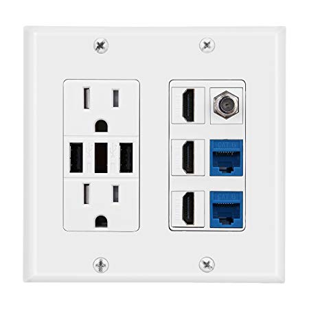 2 Power Outlet 15A with Dual 2.4A USB Charger Port Wall Plate with LED Lighting, DBillionDa 3 HDMI HDTV   2 CAT6 RJ45 Ethernet   Coaxial Cable TV F Type Keystone Face Plate White …