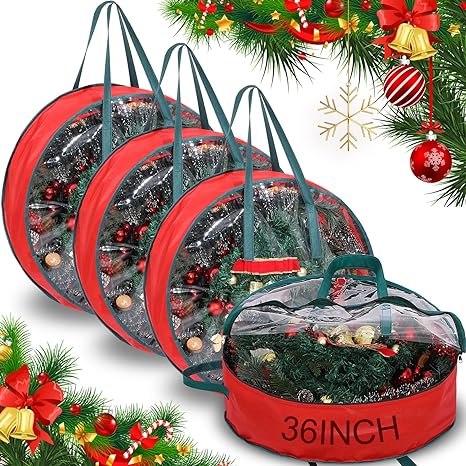 4 Pieces Christmas Wreath Storage Bag Clear Wreath Box Wreath Storage Containers with Clear Window and Handle Christmas Garland Storage Containers for Xmas Holiday Seasonal Storage (36 Inch)