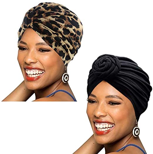 BABAHU 1Pack / 2Packs / 4Packs Women Turban African Pattern Cotton Knotted peas pre-Tied hat Makeup Cap Hair Loss Cap