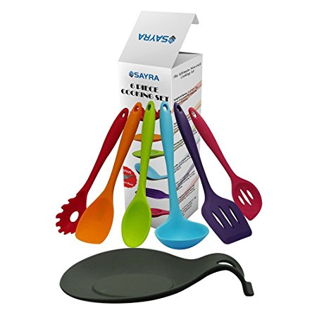 Sayra Premium Multi-color 6-piece Silicone Cooking Utensil Set with Bonus Spoon Rest : Spaghetti Spoon, Spoonula/Spatula, Mixing Spoon, Ladle, Turner and Slotted Spoon - Heat Resistant Unibody Design