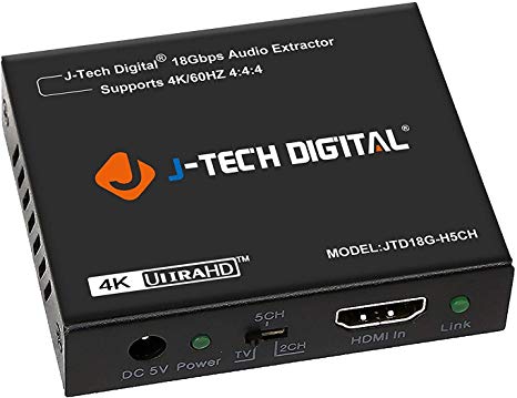 J-Tech Digital 4K 60HZ HDMI Audio Extractor Converter SPDIF   3.5MM Output Supports HDMI 2.0, 18Gpbs Bandwidth, HDCP 2.2, Dolby Digital/DTS Passthrough CEC, HDR10 [JTD18G-H5CH]