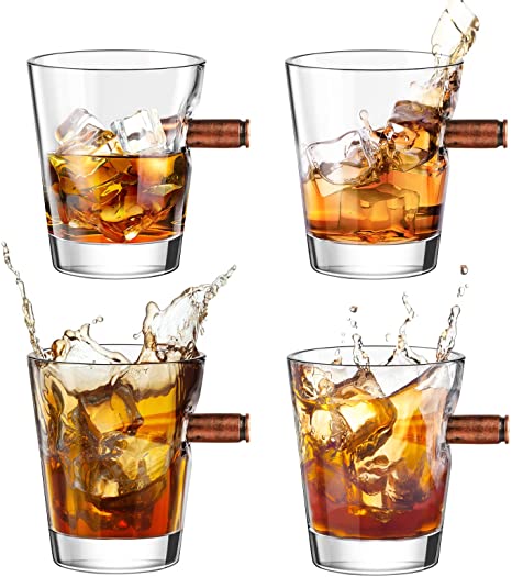 Bullet Shot Glasses Set of 4, Kollea Whiskey Glass with 0.308 Cal.Bullet. Hand-Blown Crystal Tumblers Shot Glasses with Heavy Base, Shooter Glasses Birthday Gift for Men/Co-Worker/Dad/Husband - 2 Oz
