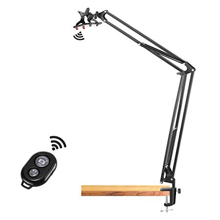 Neewer Overhead Video Stand Phone Mount Table Top Scissor Arm Stand with Phone Clamp and Remote Control for Baking Crafting Demo Drawing Sketching Recording, Live Streaming, Online Teaching