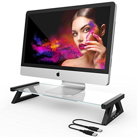 [Extra USB Port] Tempered Glass Laptop Monitor Stand [Black] [Type X] Eutuxia Monitor Stand Riser Desk Organizer with 3 USB Ports for Monitors, Laptops, Printers and Fax Machines