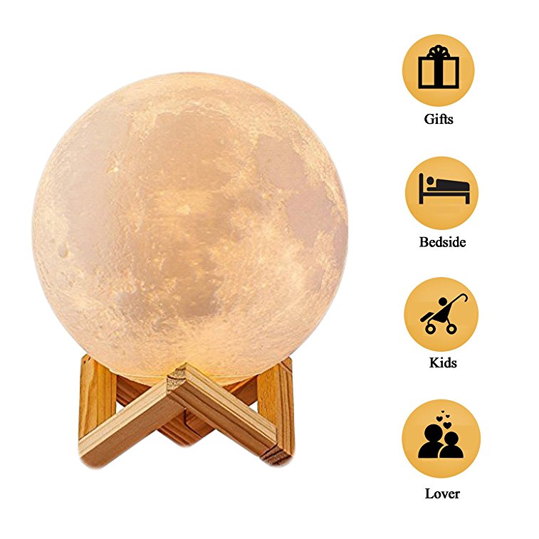 HOLA Magical 3D Printed Moon Lamp, USB Charging, Dimmable Baby Night Light, Touch Sensor LED Table Lamp, Home Decorative Lights with Wooden Stand, Warm White/Cool White, Gift for Kids, Lover, 5.9 inch