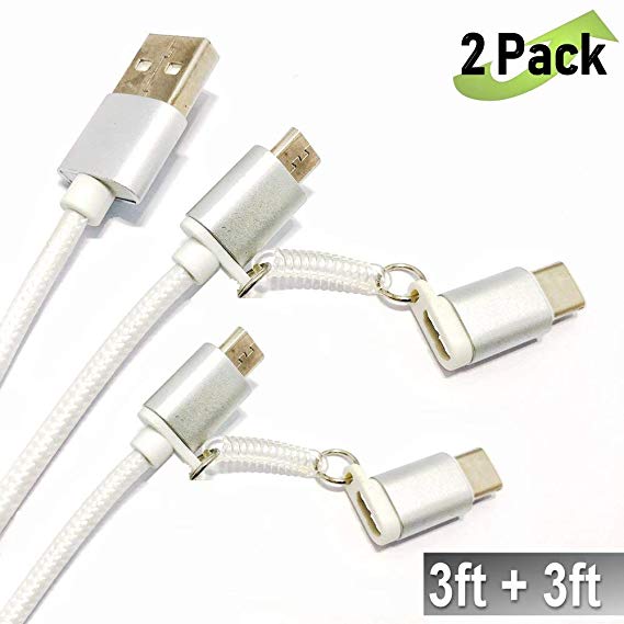 (2 Pack White 3Ft3Ft) 2-in1 USB Charging Cable Compatible With Type C Connector, USB A to USB C Data Sync Charging Cable Nylon Braided Type-C Cable, Long Cord Type C Braided Cable for Samsung Galaxy Note 8, Samsung Galaxy Note 9, S8 S9 S9 , Google Pixel 2 XL. Blackberry Motion Keyone Key2, LG V20 V30 V35 Q7 Q8 G5 G6 G7 ThinQ, HTC 10, Android Charger Charging Cord