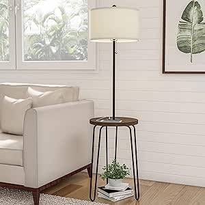 Lavish Home Floor Lamp with Table - Mid-Century Modern Nightstand or Side Table with USB Port and Hairpin Legs - Standing Light with Shelves