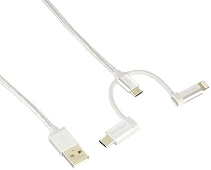 StarTech.com USB Multi Charging Cable - 6.6 ft / 2m - Lightning/USB-C/Micro-USB - Braided - MFi Certified - USB 2.0-3 in 1 Charging (LTCUB2MGR)