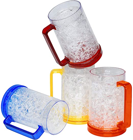Double Wall Gel Frosty Freezer Ice Mugs, Set of 4 Frosty Beer Mugs with Handle Great as Old Fashion Drinking Glasses at BBQs and Parties (16 oz. Each)
