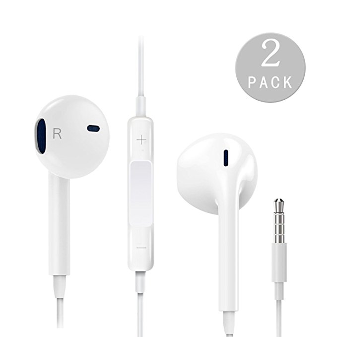 Auideas Earphones with Microphone [2 Pack] Premium Earbuds Stereo Headphones and Noise Isolating headset Made for Apple iPhone iPod iPad - White (white).