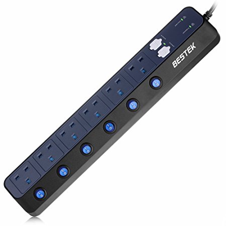 BESTEK Individually Switched Extension Lead 6 Way Plug Socket 900J Surge Protector with 4-Port (5V/6A) USB Power Strip 3250W/1.8M