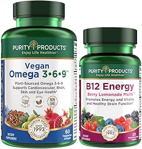 Purity Products Bundle - Vegan Omega 3-6-9   B-12 Energy Melt Omega 3-6-9 (“5 in 1” Plant-Based Omega 3 6 9 Essential Fatty Acid Complex) - B12 Berry Melt (Methylcobalamin B12   B6   D3   More)