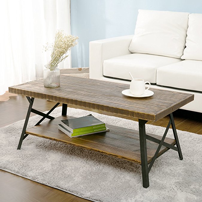 Harper&Bright Designs 43" Wood Coffee Table with Metal Legs, End Table/Living Room Set/Rustic Brown (Brown Coffee Table)