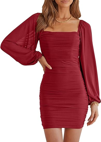 MASCOMODA Women Elegant Square Neck Lantern Long Sleeve Mini Ruched Bodycon Dress Stretch Mesh Slim Party Cocktail Dresses