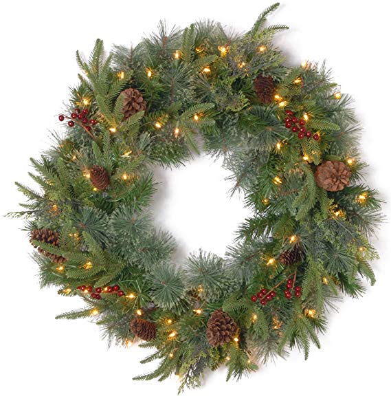 National Tree 24 Inch Feel Real Colonial Wreath with 8 Pine Cones, 8 Red Berries and 50 Dual Color Battery Operated LED Lights with Timer and 9 Functions (PECO7-395D24WBC)