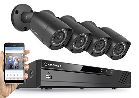 Amcrest HD 1080P-Lite 4CH Video Security Camera System w/ Four 1280TVL (720P) IP67 Outdoor Cameras, 65ft Night Vision, 1TB HDD , Supports AHD, CVI, TVI, 960H & IP Cameras (AMDVTENL4-4B-B-HDD)