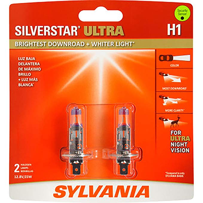 SYLVANIA - H1 SilverStar Ultra - High Performance Halogen Headlight Bulb, High Beam, Low Beam and Fog Replacement Bulb, Brightest Downroad with Whiter Light, Tri-Band Technology (Contains 2 Bulbs)