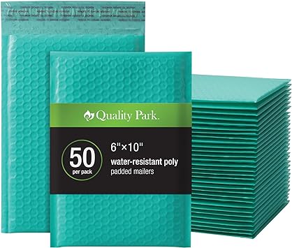Quality Park Bubble Mailers, 6 x 10 Inch, Teal Poly Mailers, Padded Envelopes, Shipping Envelopes, Water Resistant, Self Seal, 50 Per Box (QUA85857)