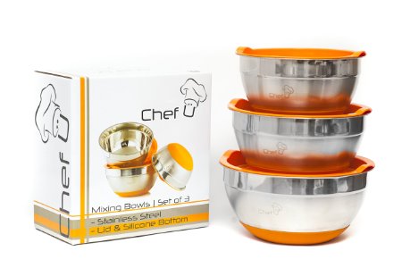 Chef U Stainless Steel Mixing Bowl Set with lids 9733 With Bright Color Silicone Bottom 9733 Measurement Mark and Nesting 9733 Set of 3 Bowls 9733 Dishwasher and Freezer Safe