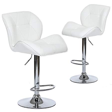 Wahson Leather Adjustable Swivel Bar Stools with Contoured Back - Contemporary Kitchen Counter Stools Set of 2 (White)