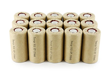 Combo: 15pcs of Tenergy NiCd SubC 2200mAh Paper Wrapped Rechargeable Battery (Flat Top)