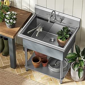 KRAUS Kore 32” 18-Gauge Workstation Stainless Steel Single Bowl Commercial Utility Laundry Sink for Wall Mount Faucet