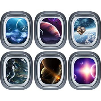 6 Pieces 3D Space Capsule Window Wall Stickers Universe Outer Space Wall Decals Removable Planet Star Astronaut Wall Poster Mural for Kids Nursery Bedroom