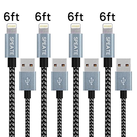 SPEATE,iPhone Charger 4pack 6ft4pcs Extra Long Nylon Braid Lightning Cord Charger Cable Compatible with iPhone8 7/ 7 Plus/6/6s/6 plus/6s plus/ 5s/5c,iPad, iPod and More(Black Gray)