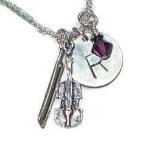 Violin Hand Stamped Sterling Silver Initial Charm Necklace