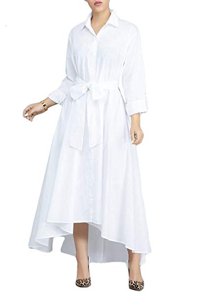 VERWIN Women Long Sleeve Loose Elegant Maxi Dress Button Down Up Shirt Long Dress with Pockets and Belts