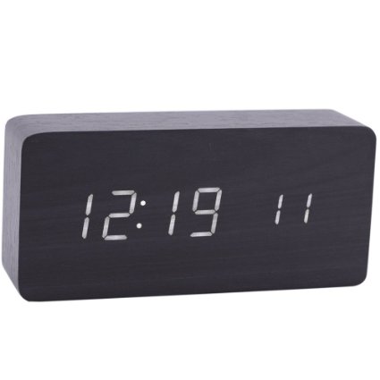 Aibrou 45*70*150mm Cube Wooden Mini Acoustic Control Clock Digital LED Desk Alarm Clock Thermometer Timer Calendar Black
