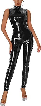 Panegy Women's Metallic Leotard Mesh Front Leather Bodysuit Jumpsuit with Chains