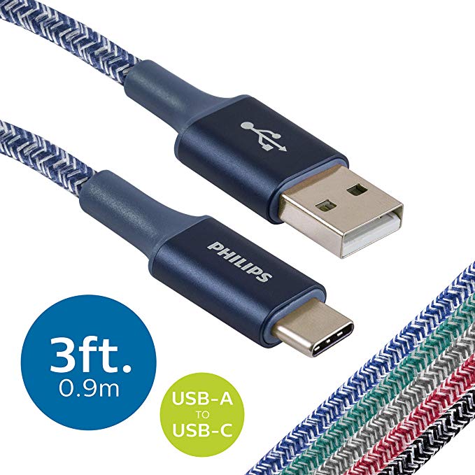 Philips 3 Ft. 2 Pack USB Type C Cable, USB-A to USB-C Blue Durable Braided Fast Charging Cable, Compatible with iPad Pro, MacBook Pro, Samsung Galaxy S10 S9 Note 9 8 S8 Plus, DLC5223UA/37