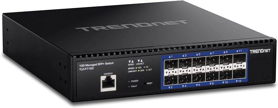 TRENDnet 12-Port 10G Layer 2 Managed SFP  Switch, TL2-F7120, 12 x 10G SFP  Ports, 240Gbps Switching Capacity, Supports 10GBASE-X / 1000BASE-FX SFP Fiber Modules, Lifetime Protection, Black