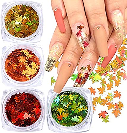 4 Colors Fall Nail Art Stickers Thanksgiving Nail Art Sequins Decals Nails Decorations Supply Manicure Tips Accessories Green Orange Gold Red Design Autumn Gradient Maple Leaf Thin Nail Sequins